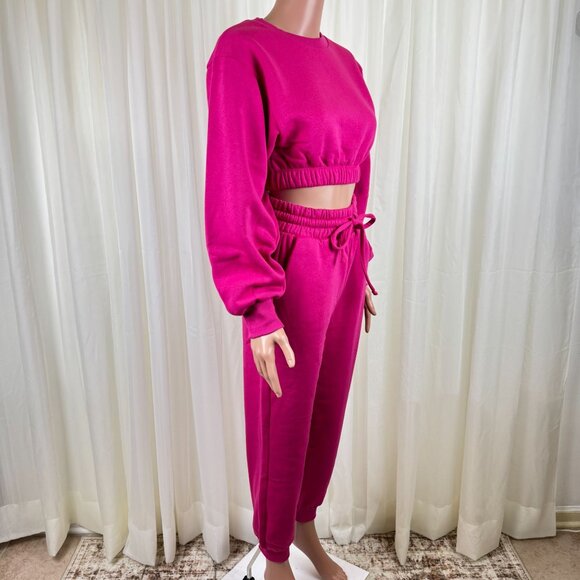 Zenana 2 Pcs Crop Sweatshirt Tracksuit High Waist Jogger Set Active Hot Pink - Picture 4 of 12